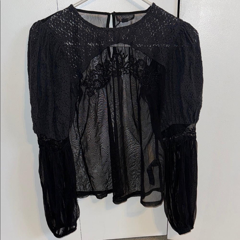 Topshop Black Sheer Blouse with Balloon Sleeves
